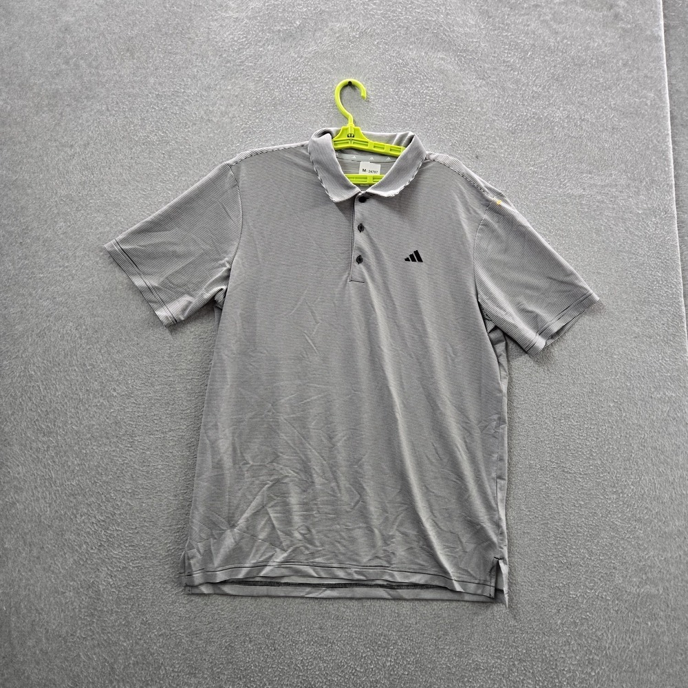 Adidas Men Polo 2XL Gray Striped Activewear Button Logo Short Sleeve‎